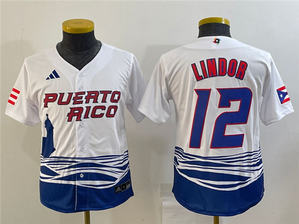 Women's Puerto Rico Baseball #12 Francisco Lindor 2023 White World Baseball Classic Stitched Jersey(Run Small)
